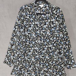 J Jill Womens Large Tunic Shirt Button Up Floral Black Blue Ruffle Cottagecore